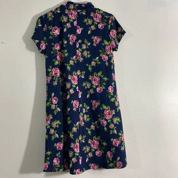 Joe Boxer Floral Shift Dress Womens Medium Navy Blue Good Mock Neck Keyhole Rose - Picture 7 of 7